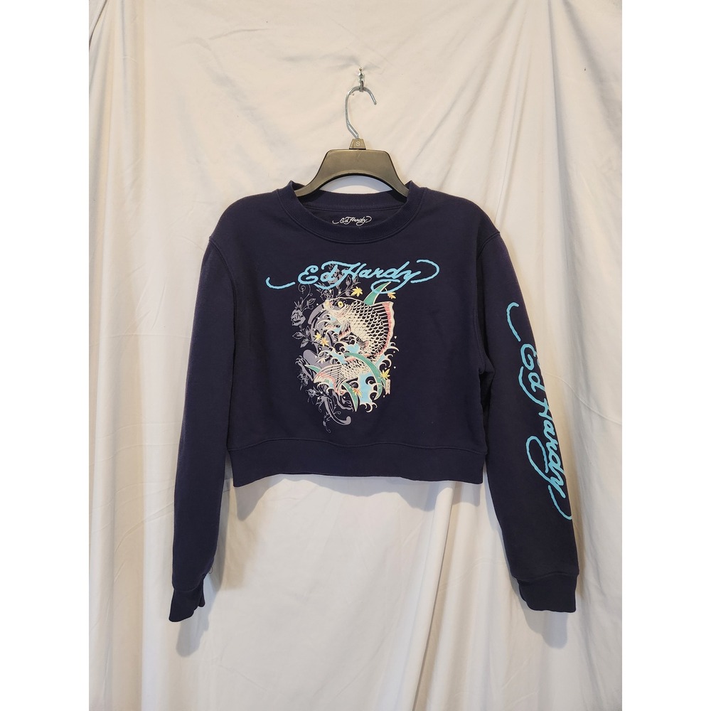 Ed Hardy Navy Blue Koi Fish Cropped Sweatshirt Tattoo Graphic EHWR1415-1 Medium